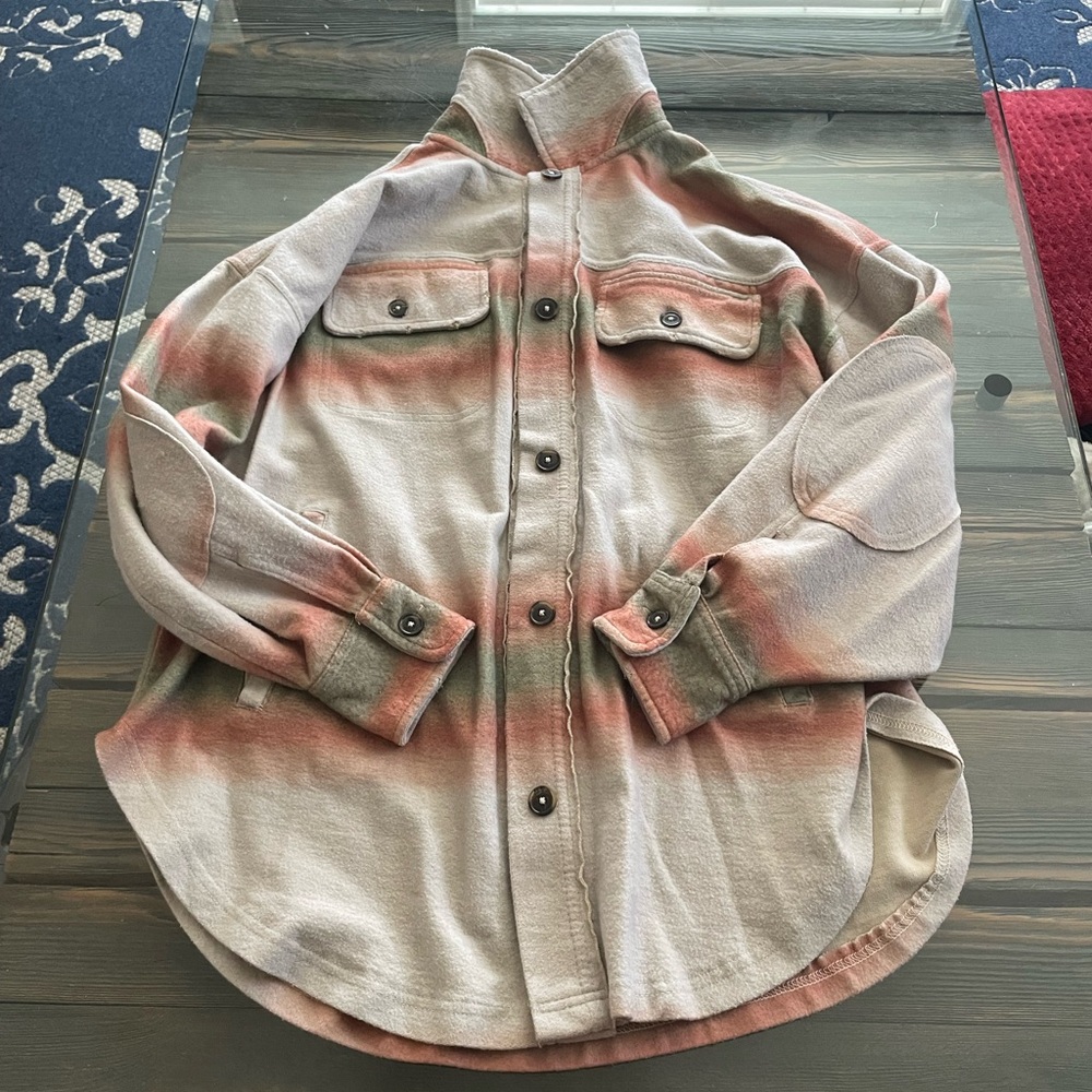We The Free Button-Down Shacket in Beige with Coral and Olive Stripes
